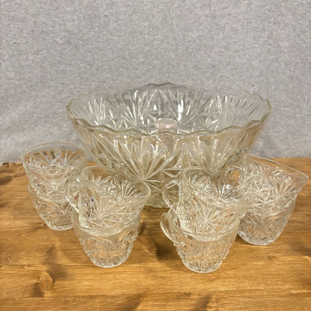 VTG Anchor Hocking Arlington Punch Bowl Set 8 Cups Starburst Atomic Retro Glass